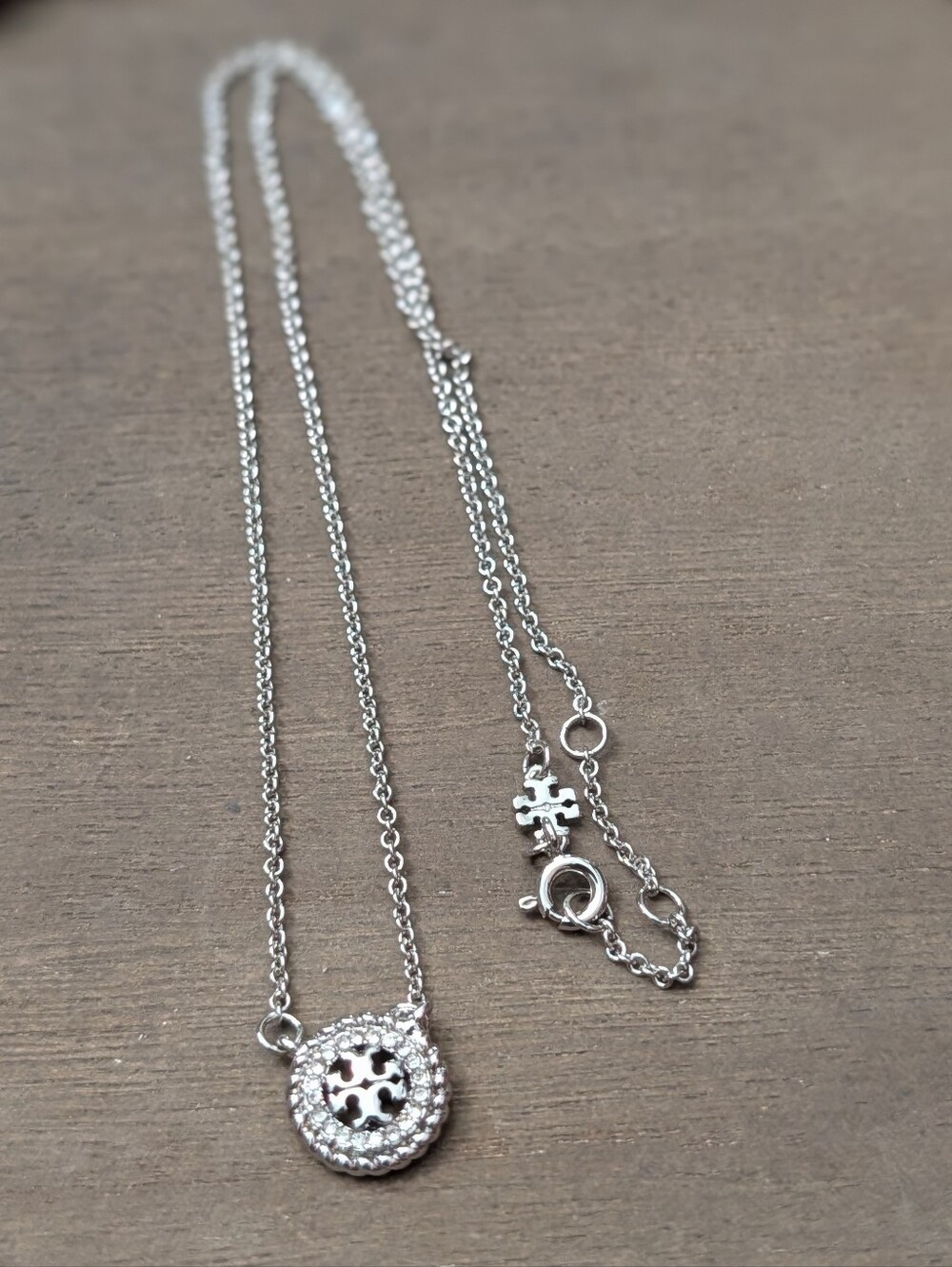 TORY BURCH Silver Miller Pave Rope Double T Logo Pendant Necklace